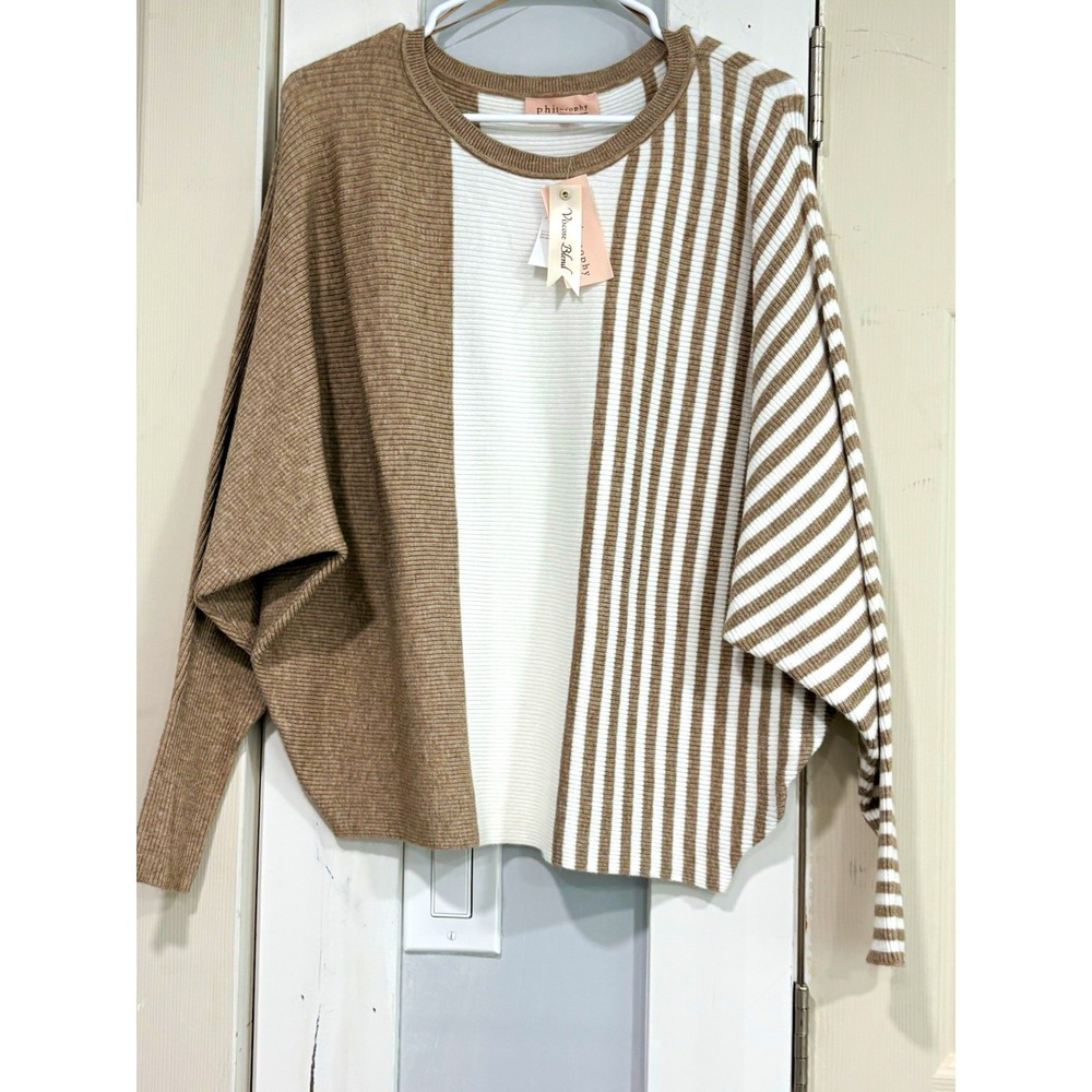Philosophy Women's L Ribbed Knit Crew Neck Dolman Pullover Sweater Brown/White